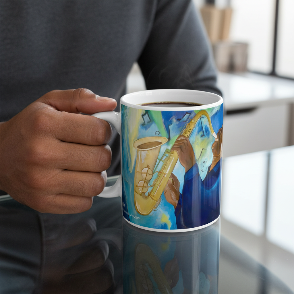 Hand holding Groovin' jazz saxophone ceramic mug on glass desk — Black art coffee cup lifestyle