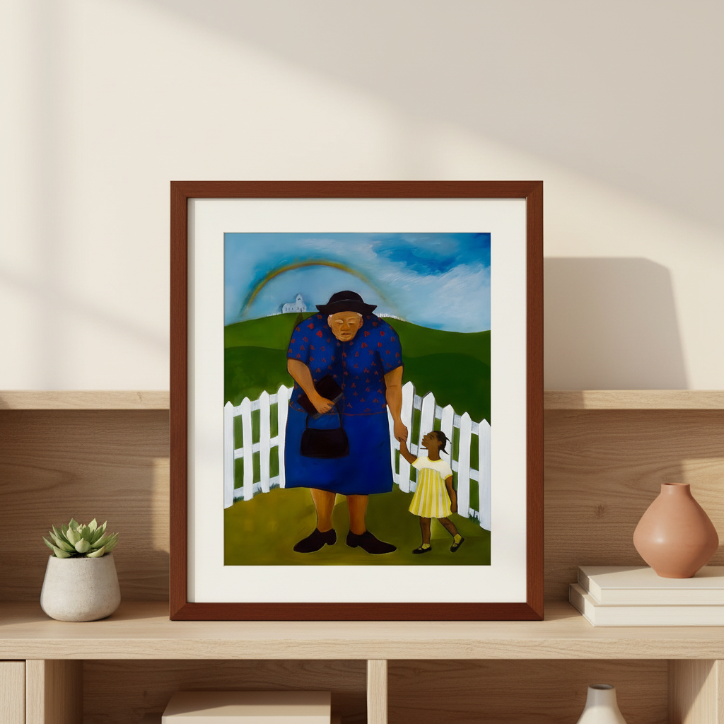 Goin' to Church framed art print in espresso frame, leaning on a bookshelf, 15x12 inches