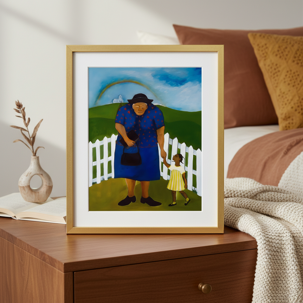 Goin' to Church framed art print in gold frame, bedroom nightstand vignette, 15x12 inches