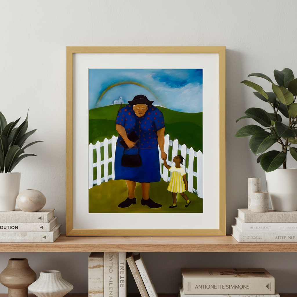 Goin' to Church framed art print in gold frame, editorial shelf styling, 20x16 inches
