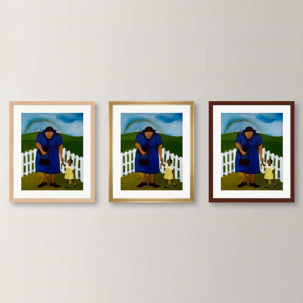 Goin' to Church framed art print, all frame options group shot, 20x16 inches — available frame choices