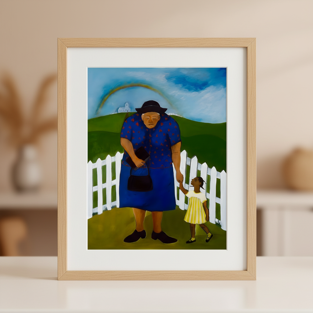 Framed artwork of a woman and child holding hands with a rainbow in the background.