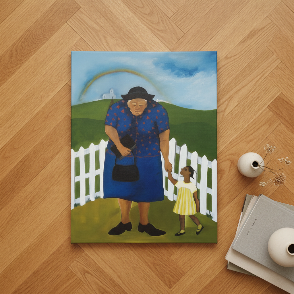 Goin to Church canvas print bird's eye view on herringbone floor with ceramics — Black spiritual art