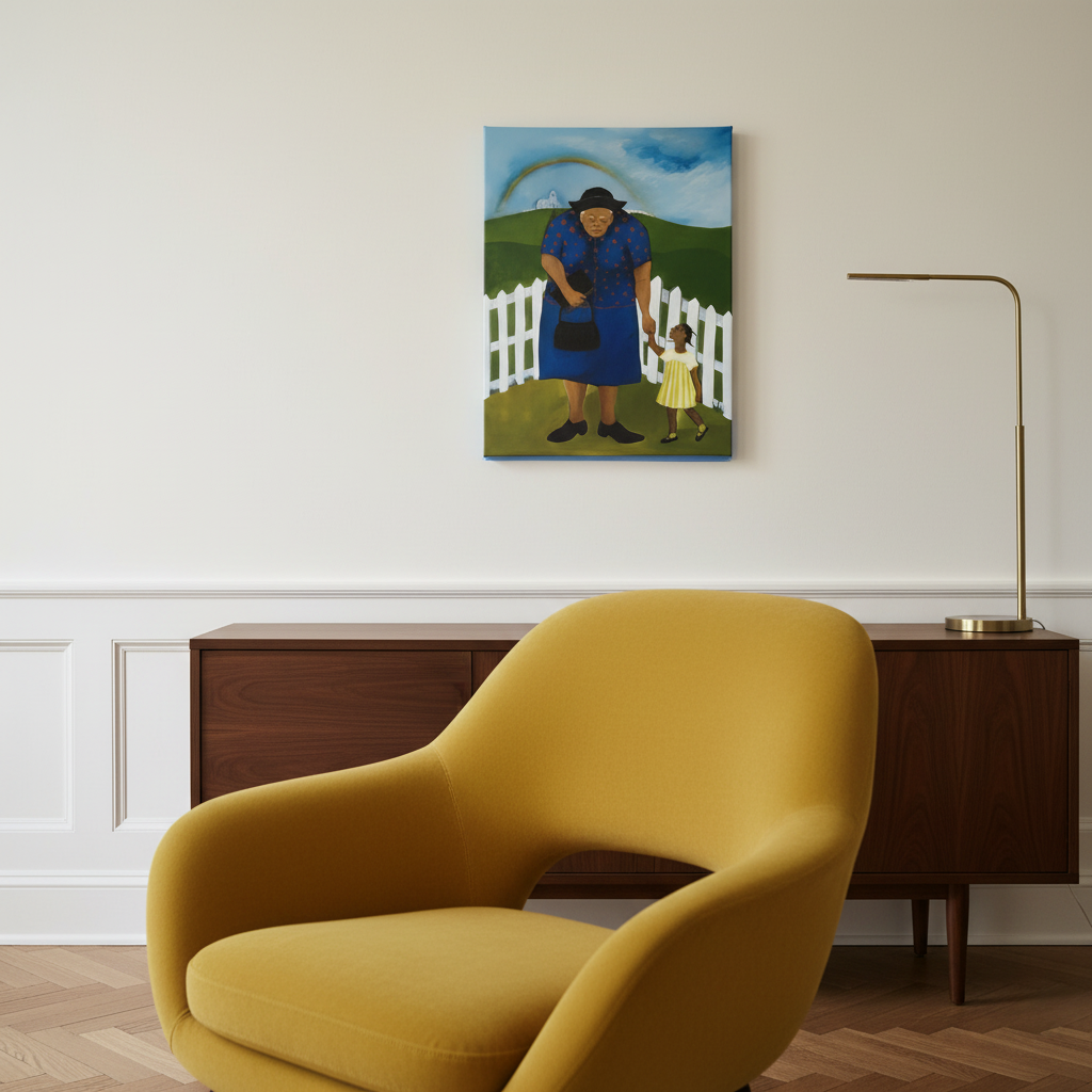 Goin to Church canvas print close diagonal with Parisian chair in foreground — Black church art
