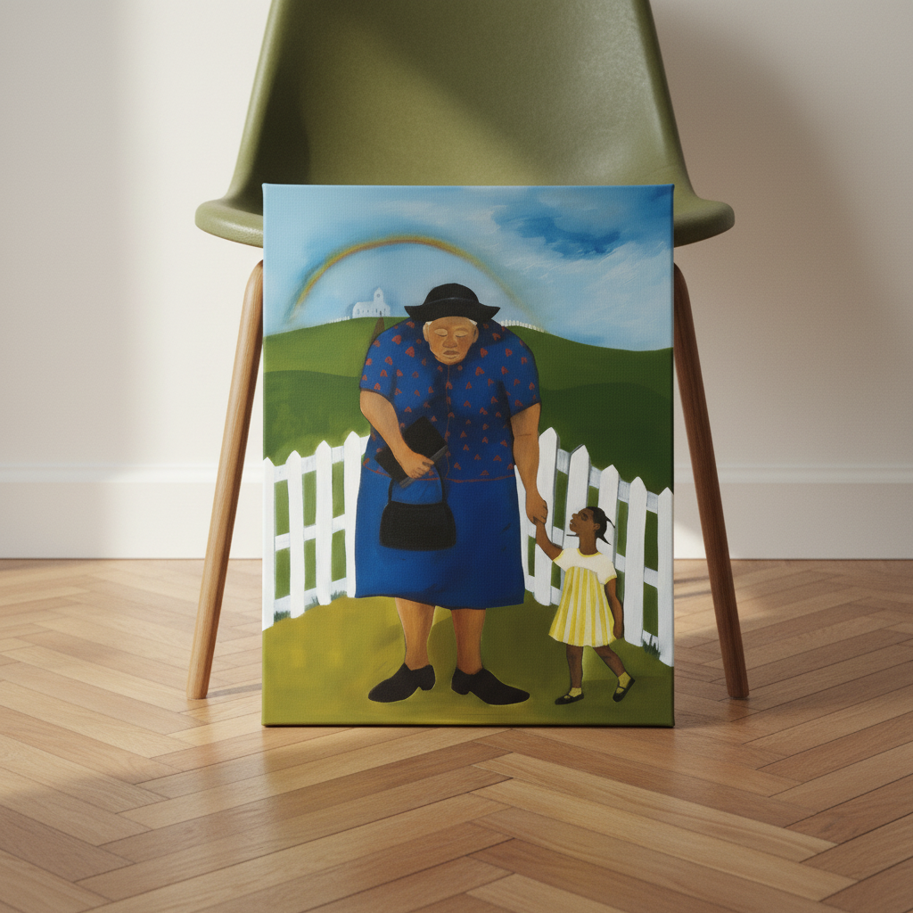 Goin to Church canvas print in front of chair on floor — Black spiritual canvas wall art