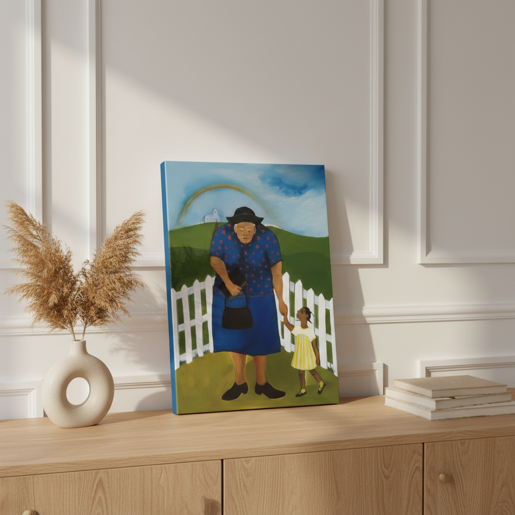 Goin to Church canvas print leaning on sideboard with pampas and books — Black spiritual canvas art
