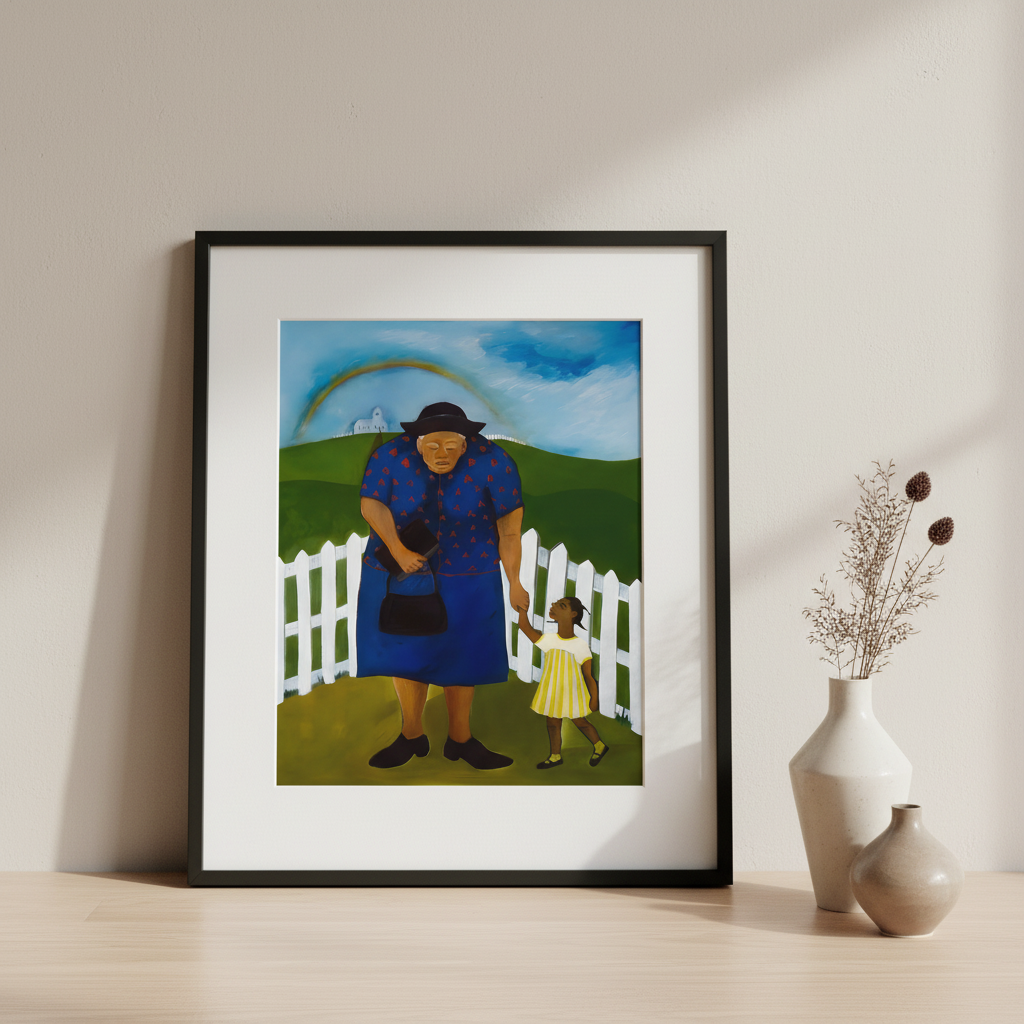 Framed artwork of a woman and child standing next to a white picket fence with a rainbow in the sky.