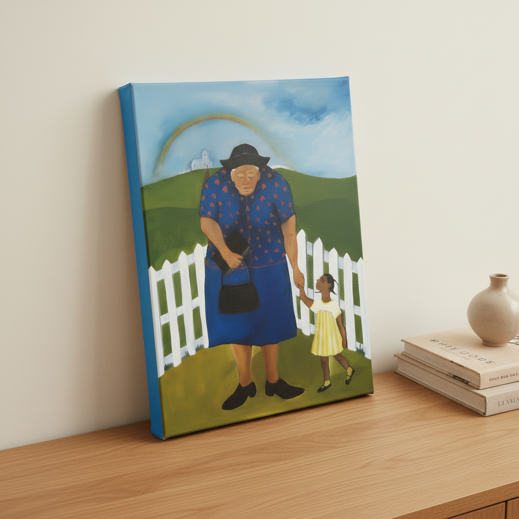 Goin to Church canvas print overhead tight crop with books and vase — Black spiritual art