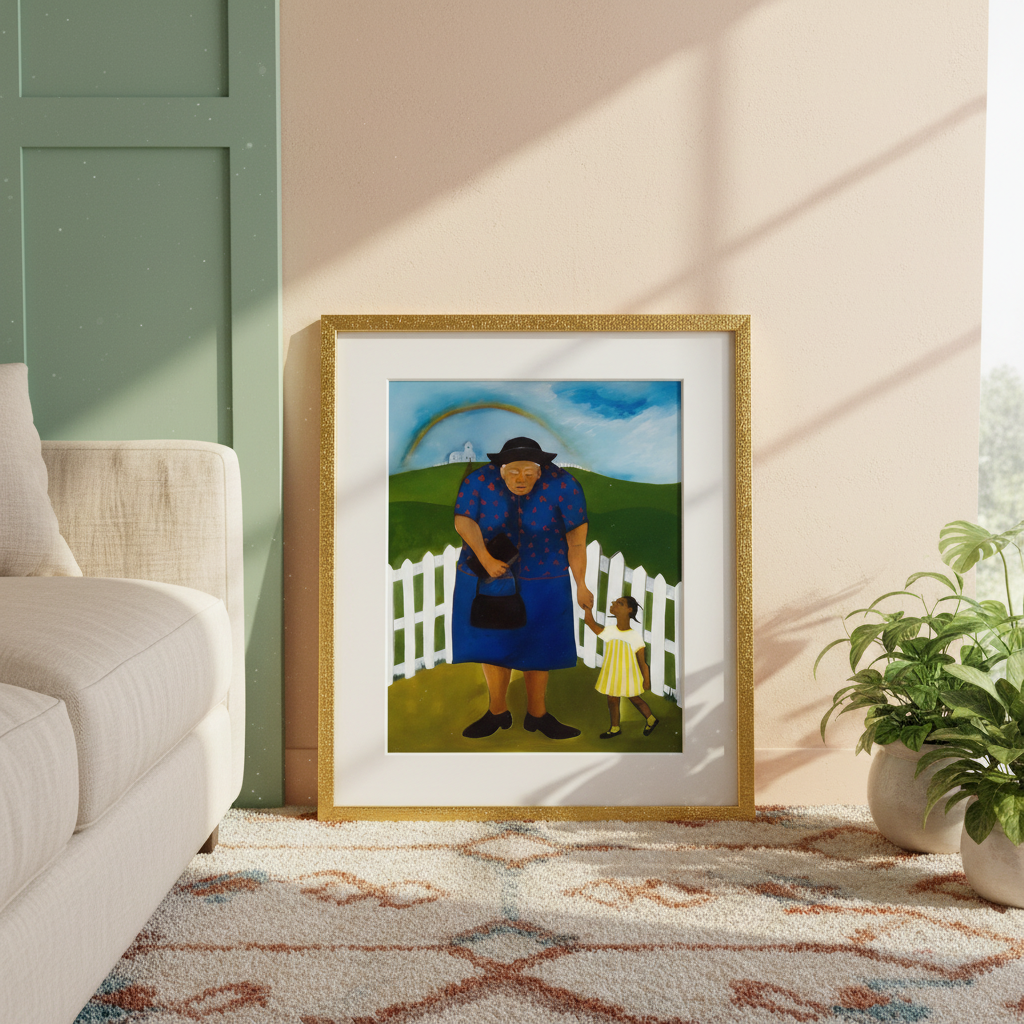 Framed artwork of a woman and child by a white picket fence in a living room setting.