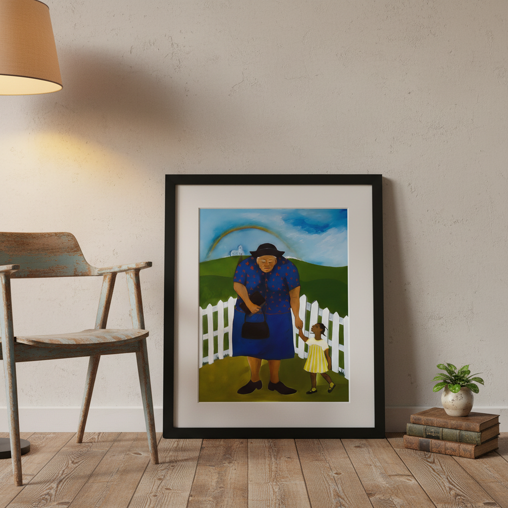 Framed artwork of a woman and child by a white picket fence on a wooden floor.