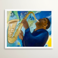Groovin saxophone art print — full artwork image of Black saxophone player on white cotton paper