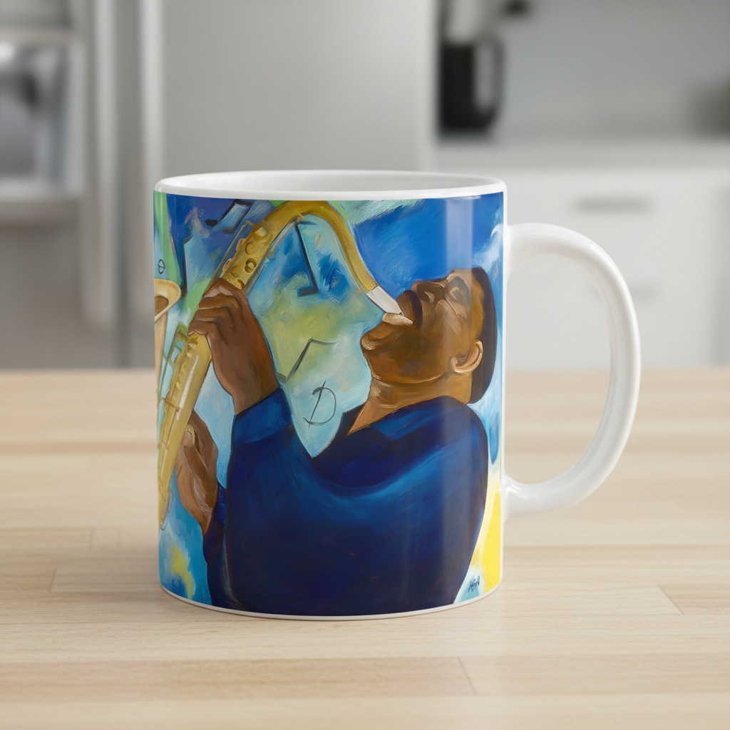 Groovin' jazz saxophone art mug centered angle — 11oz glossy Black art ceramic coffee cup by Antionette Simmons Hodges