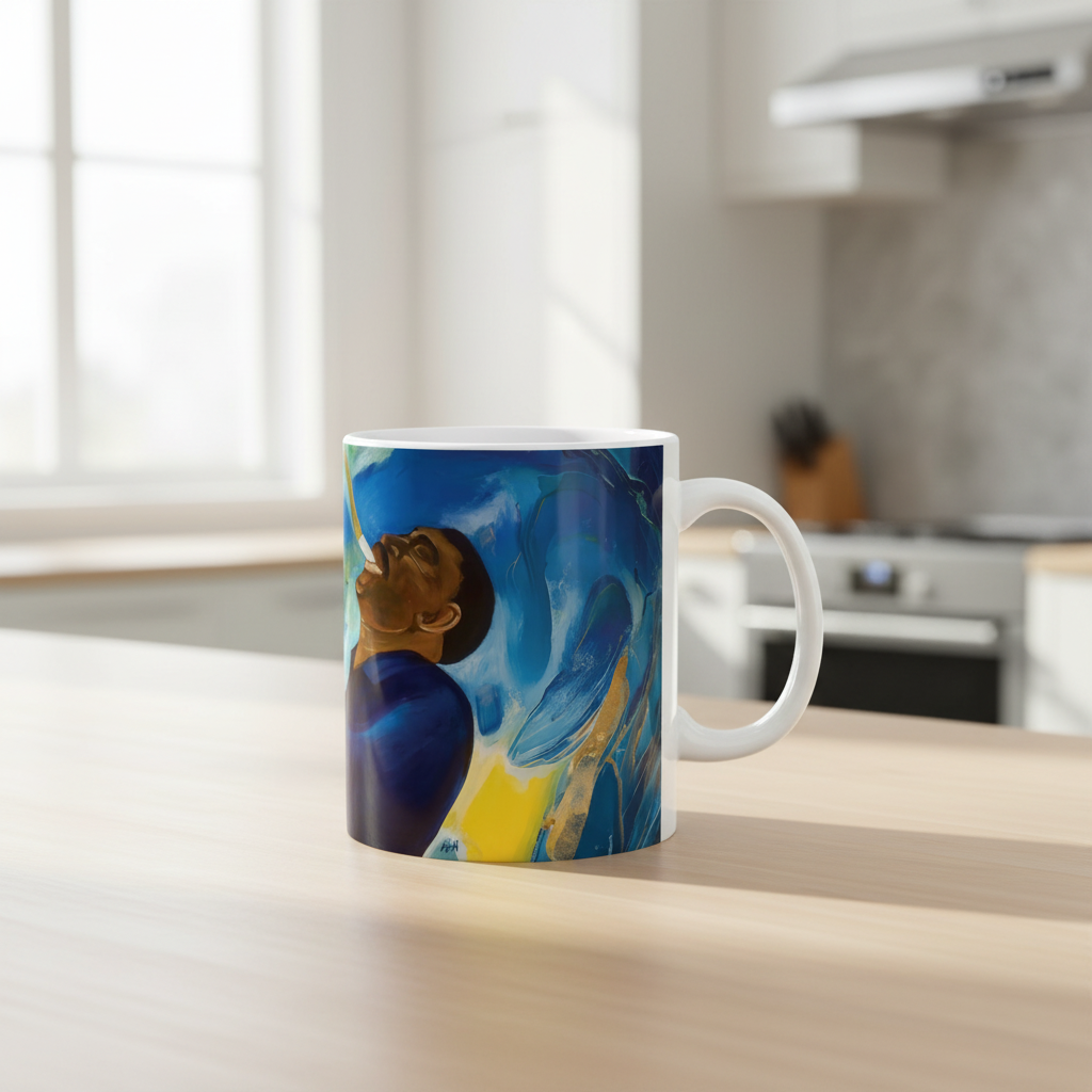 Groovin' jazz saxophone art mug shown to scale — 11oz Black art ceramic coffee cup by Antionette Simmons Hodges