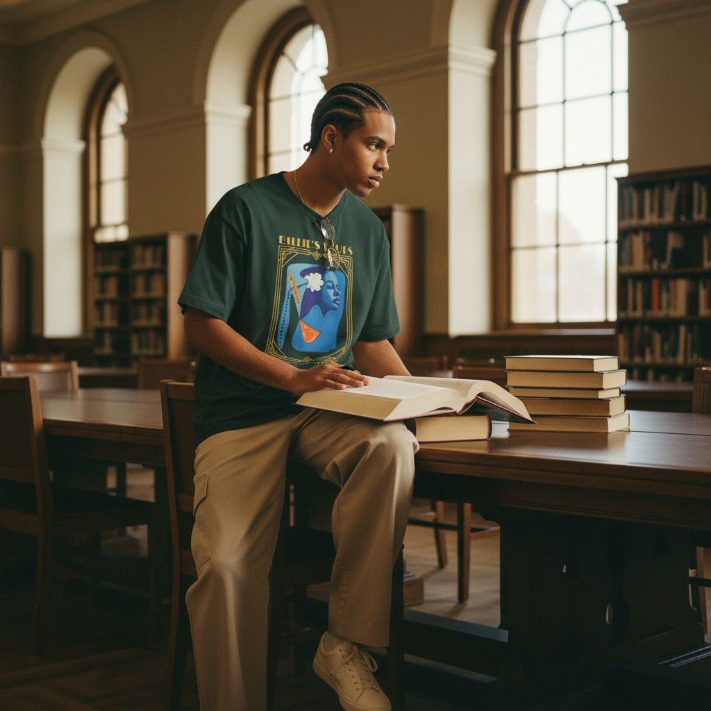Person wearing Billie Holiday Art Deco tee in HBCU library setting — Art Is Power Vol. I | Inkwell Fine Art Prints