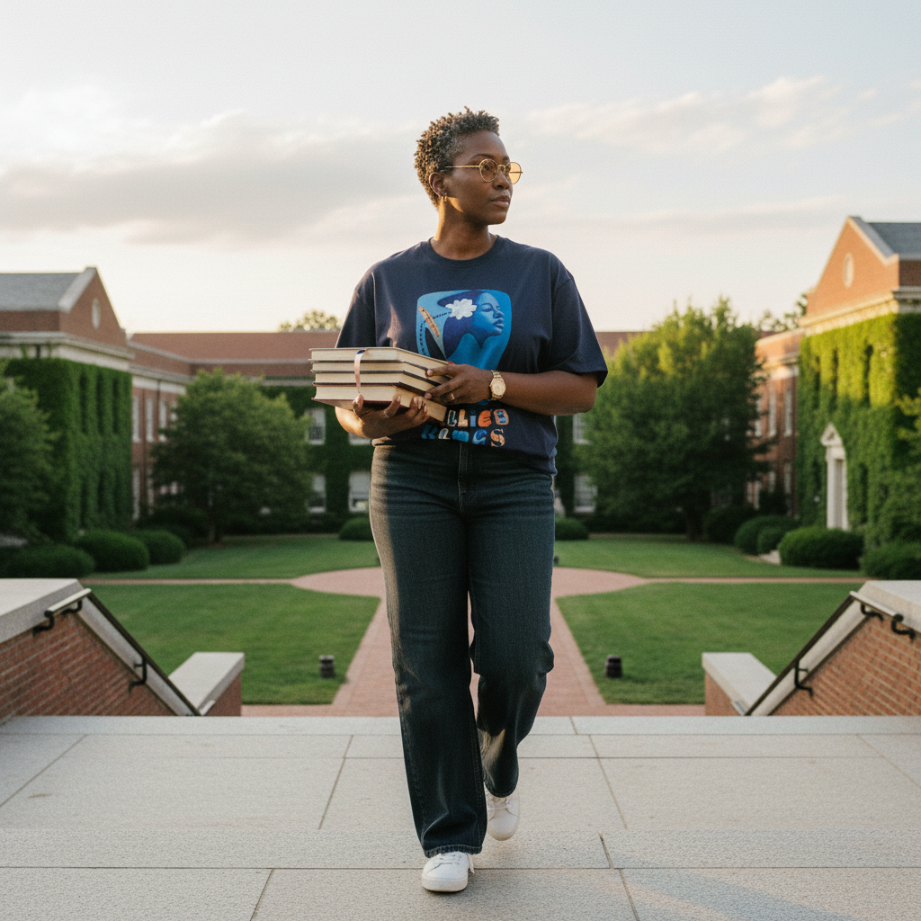 HBCU scholar wearing Billie's Blues navy oversized tee on campus — Art Is Power Vol. I | Inkwell Fine Art Prints
