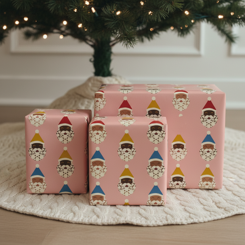 Black Santa Crew wrapping paper, Blush, three gifts