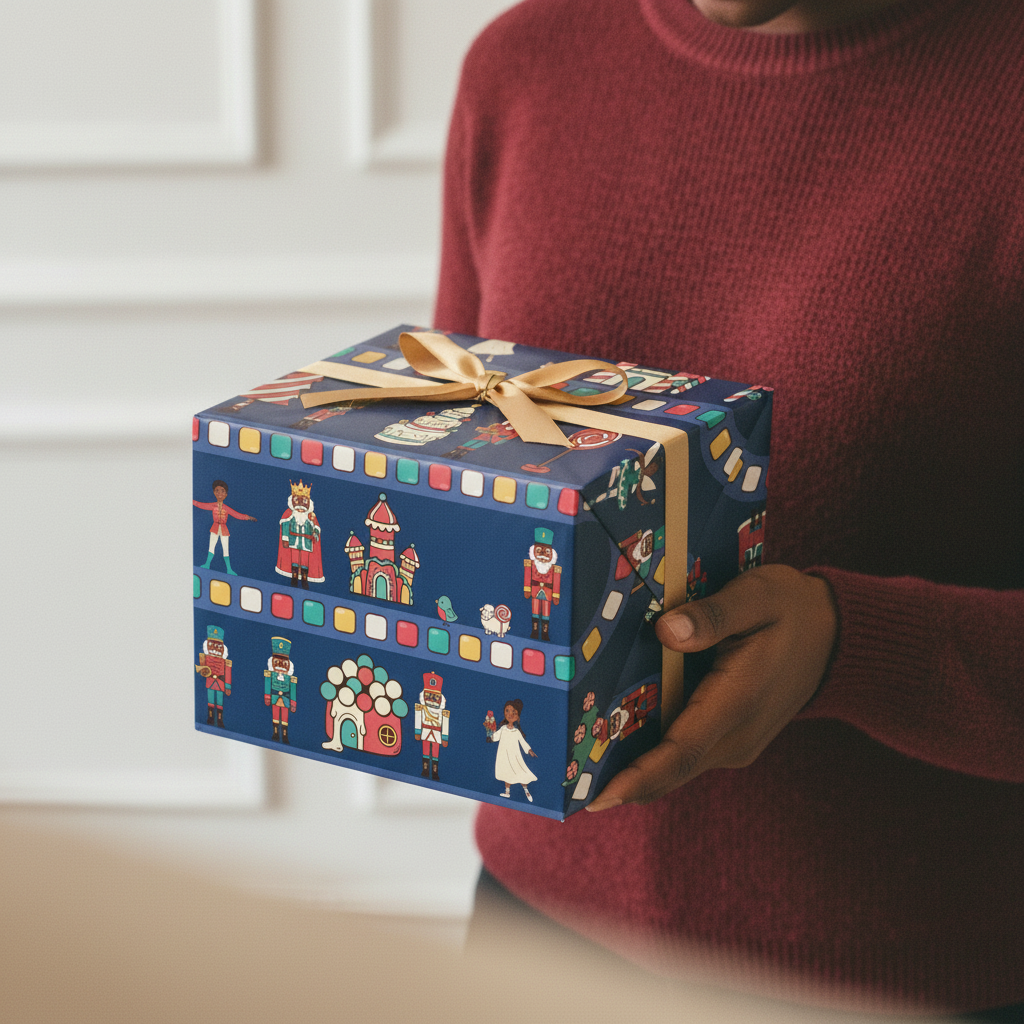 Land of Sweets wrapping paper, Navy, wrapped gift