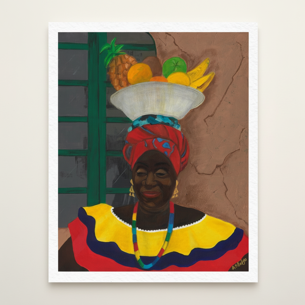 Artistic depiction of a woman with a fruit basket on her head against a textured wall.