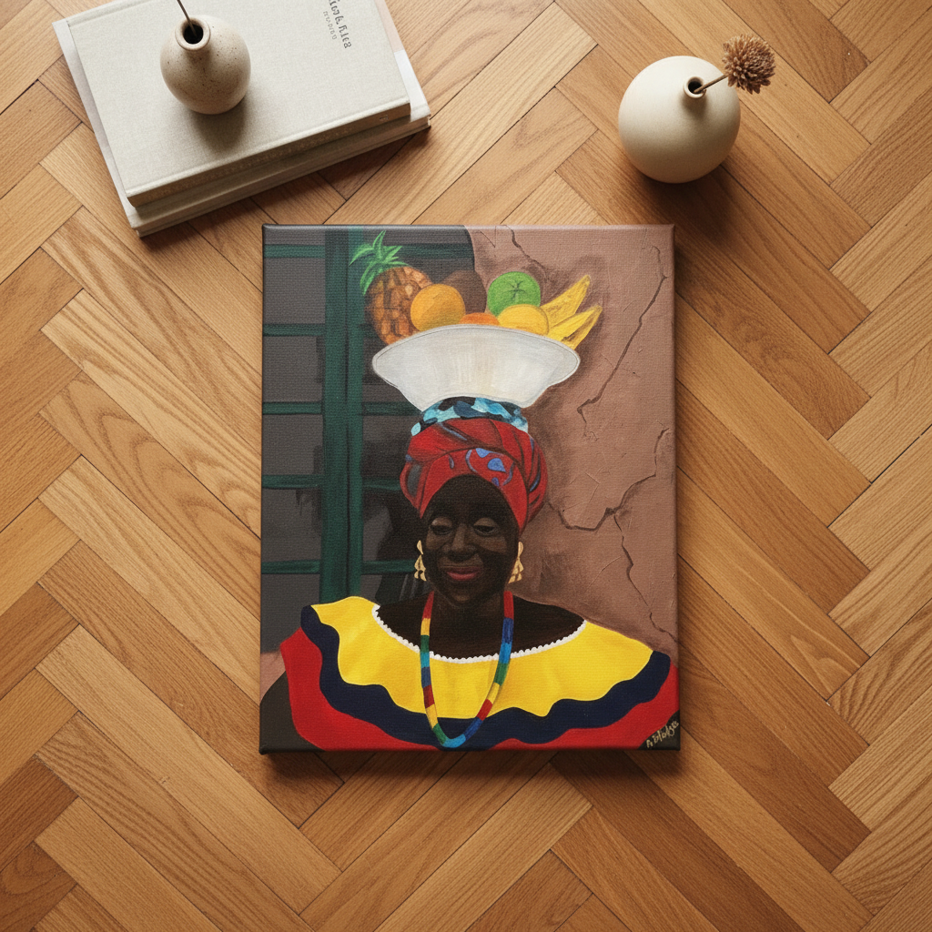 Hey Lady canvas print bird's eye view on herringbone floor with ceramics — Caribbean woman art