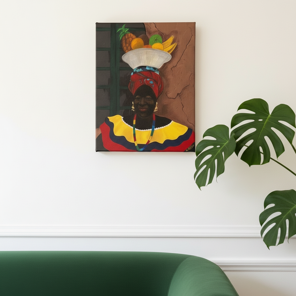 Hey Lady canvas print close to sofa with monstera nearby — Caribbean woman art on canvas