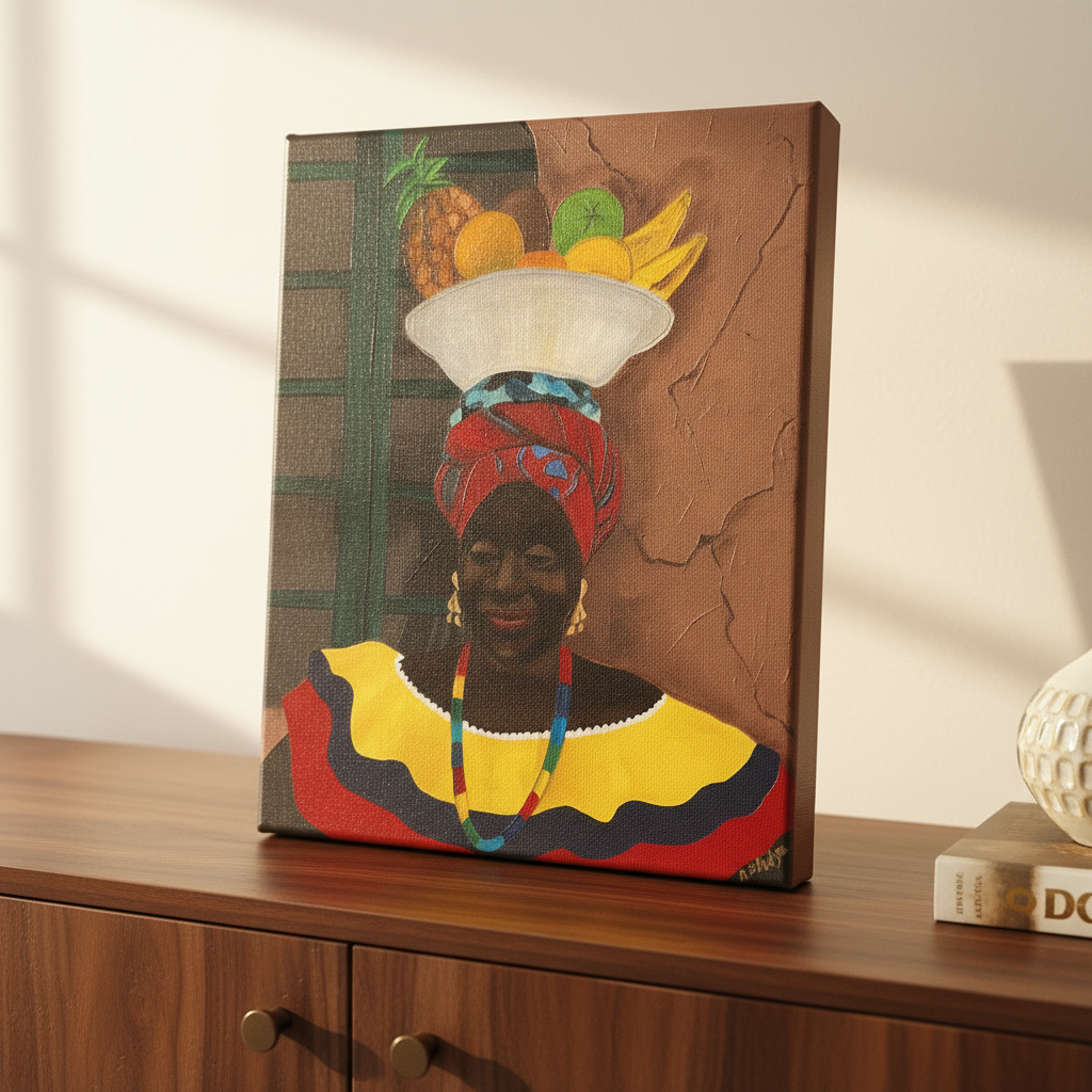 Hey Lady Caribbean woman canvas print close-up leaning on credenza — Afrocentric fruit vendor art