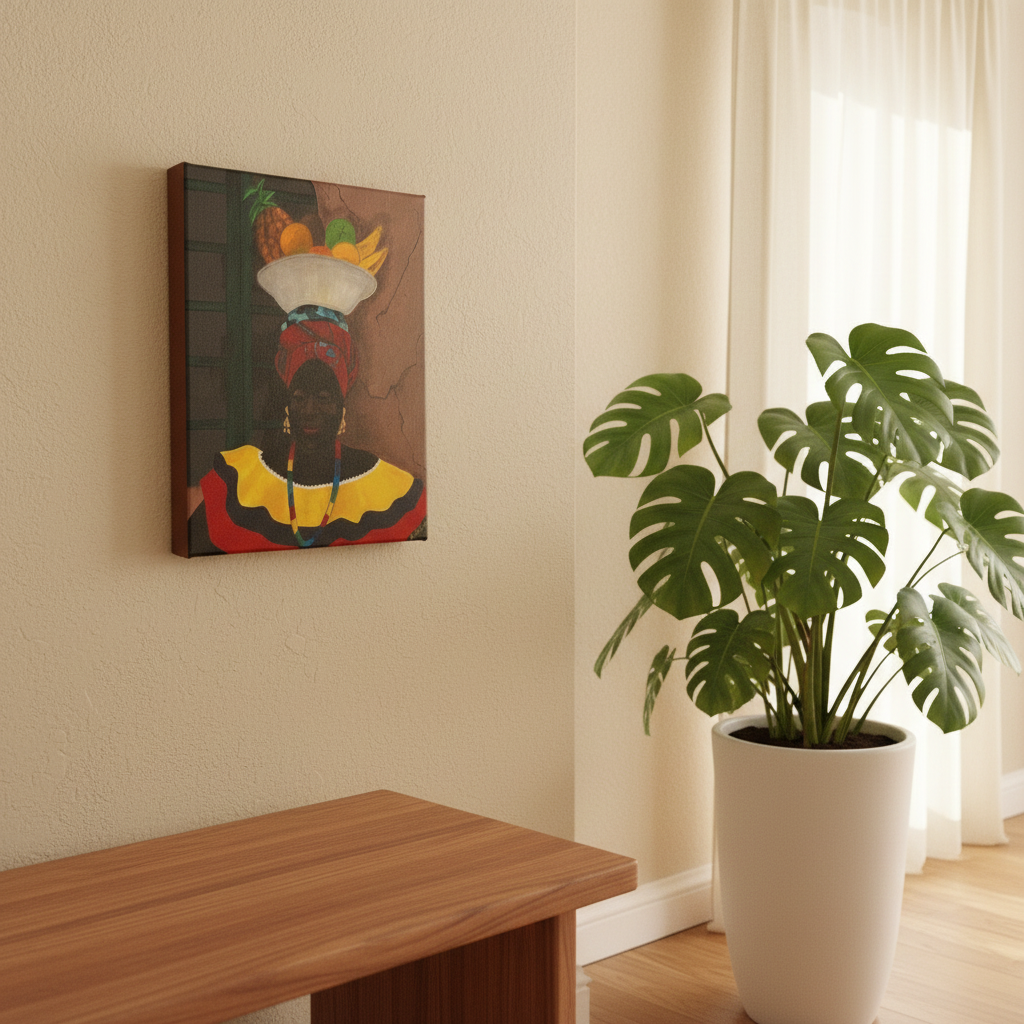 Hey Lady canvas print dynamic layered room wall shot — Caribbean woman Afrocentric wall art