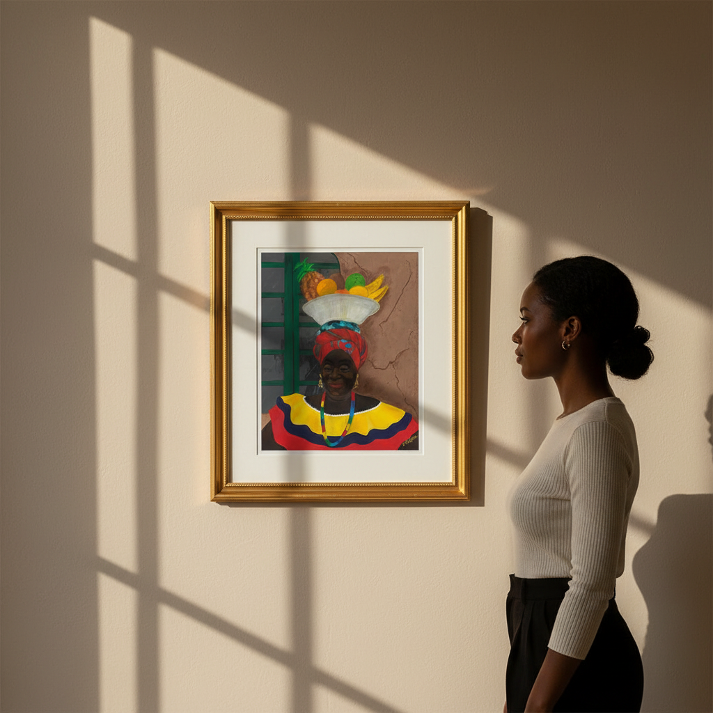 Woman looking at a framed artwork of a woman with colorful headscarves on a beige wall.