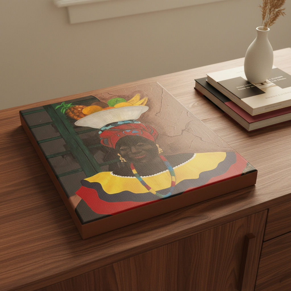 Hey Lady canvas print flat on sideboard with overhead books — Caribbean woman art on canvas