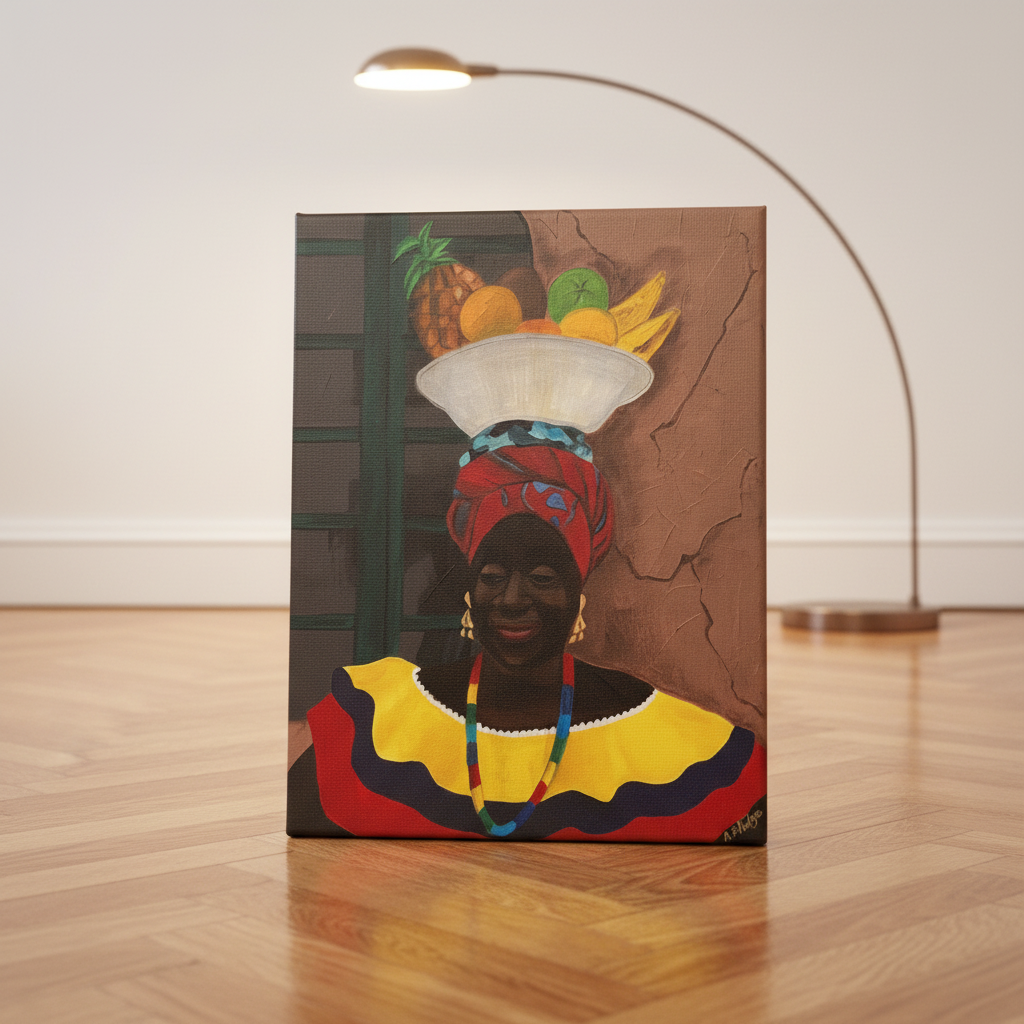 Hey Lady canvas print leaning on floor with herringbone and arc lamp — Caribbean woman canvas art