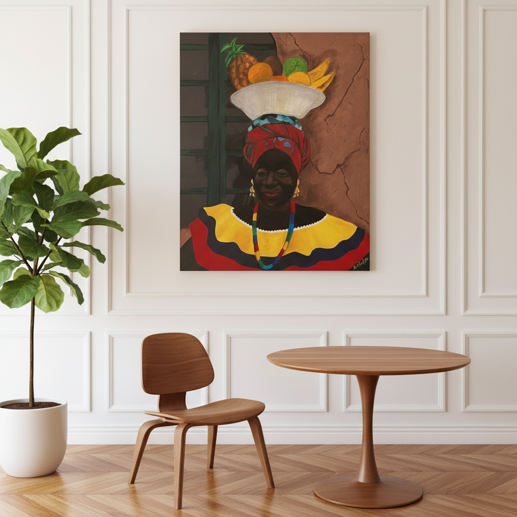 Hey Lady canvas print hung on large wainscoting wall with chair and table — Afrocentric art