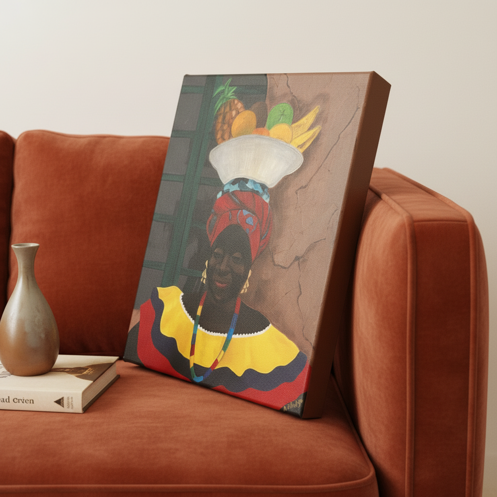 Hey Lady canvas print leaning against terracotta sofa — Caribbean woman Afrocentric canvas art