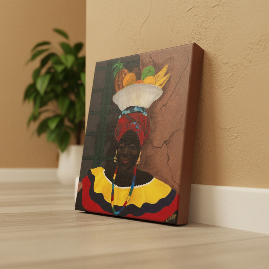 Hey Lady canvas print low angle lean with plant — Caribbean woman Afrocentric art on canvas