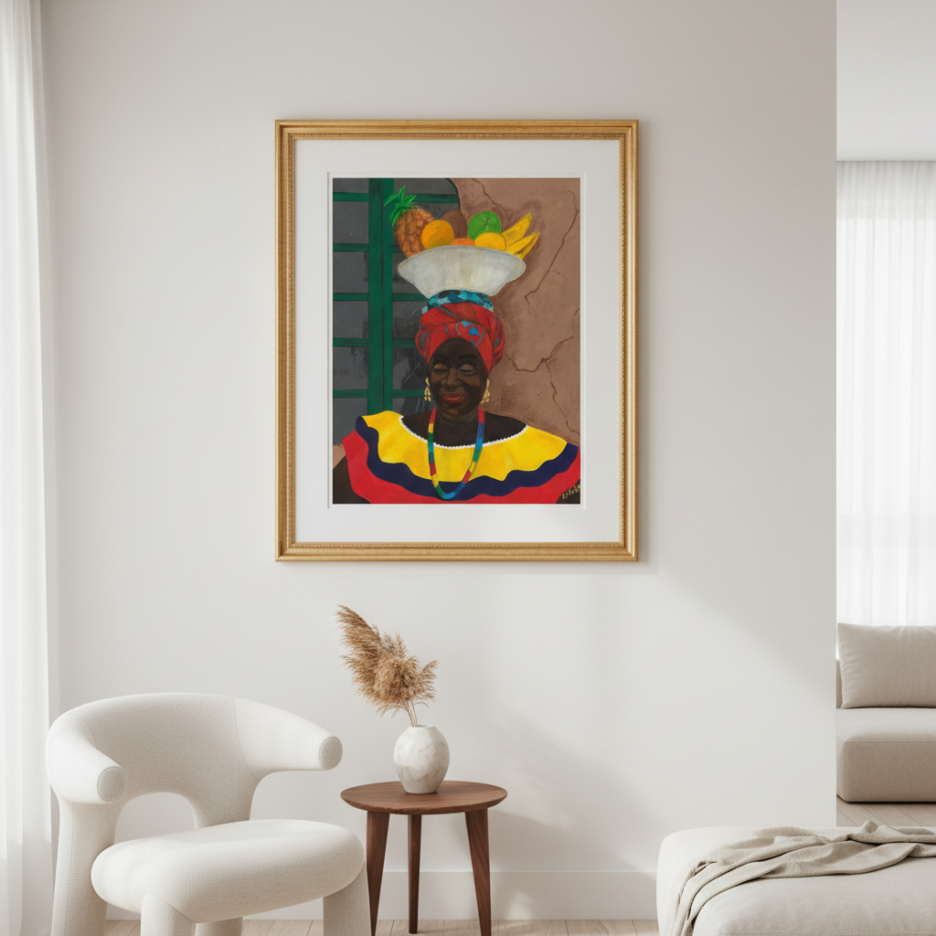 Framed artwork of a woman with a colorful headscarf in a modern living room.