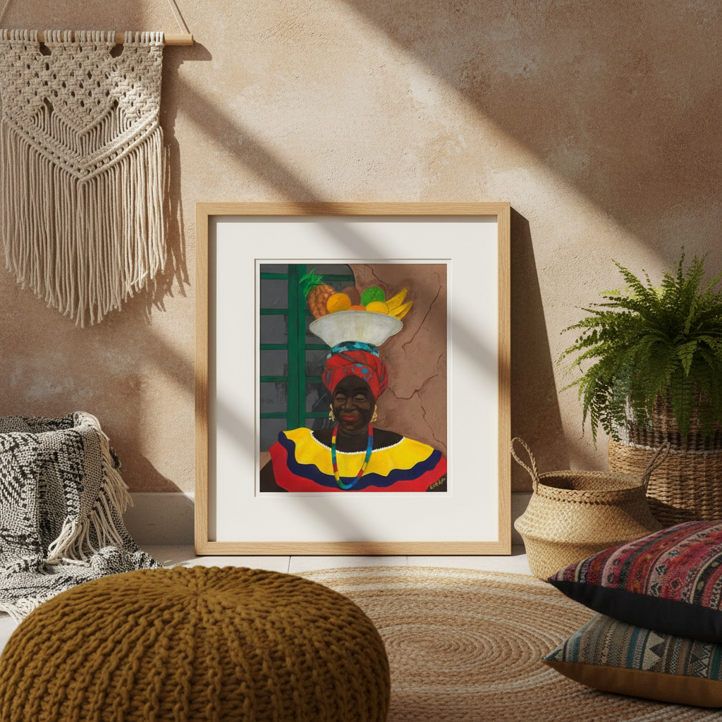 Framed artwork of a person wearing a colorful headpiece in a cozy room with decor elements.