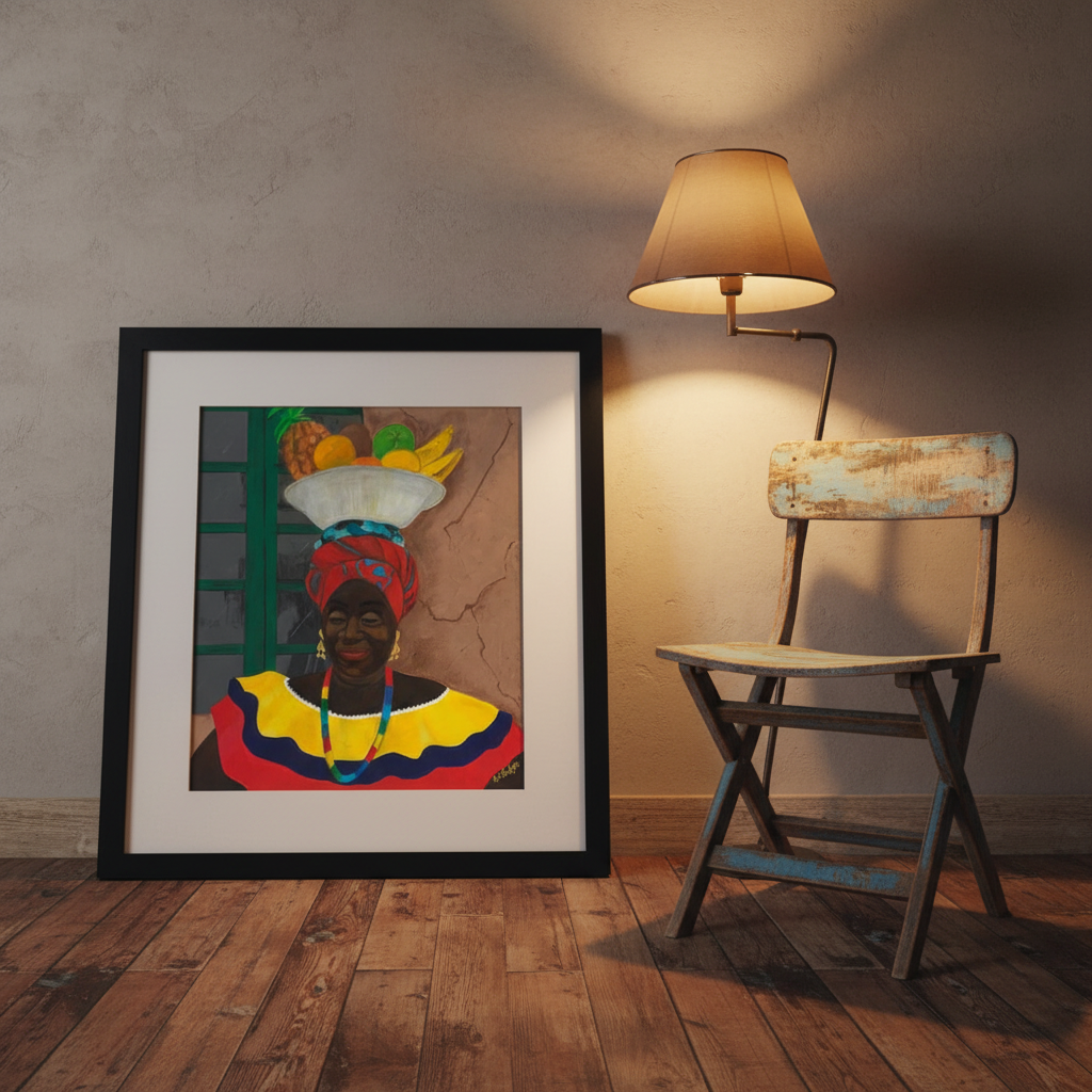 Framed artwork of a colorful portrait on a wall next to a rustic chair.