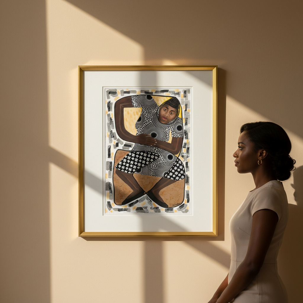 Woman looking at a framed abstract art piece on a beige wall