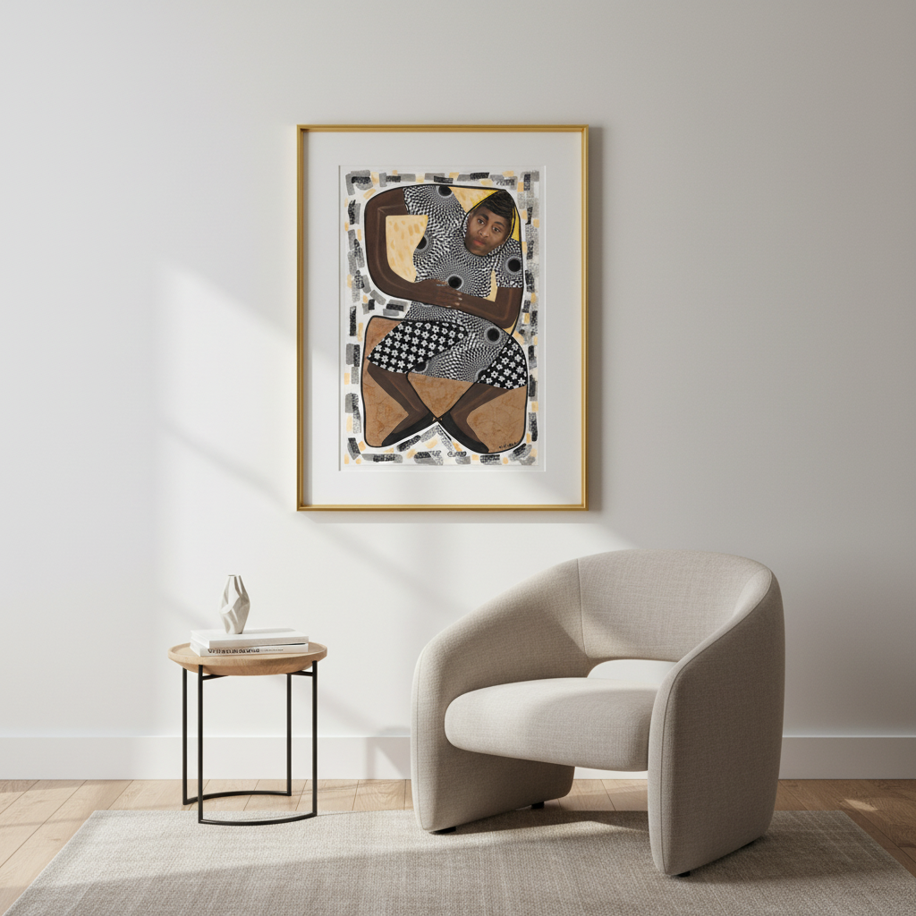 Modern interior with a beige armchair, side table, and abstract art on the wall.