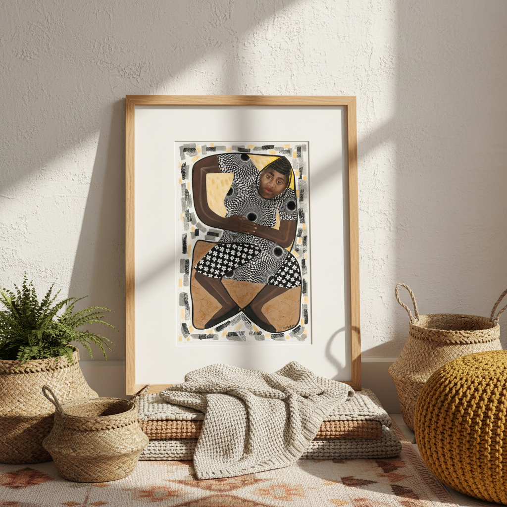 Framed abstract art piece of a black woman on a wall with decorative items below