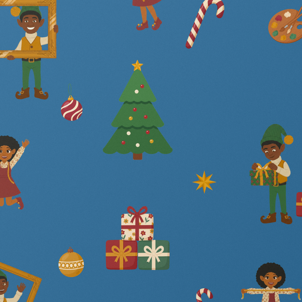 Ellis & Noelani elves wrapping paper, Blue
