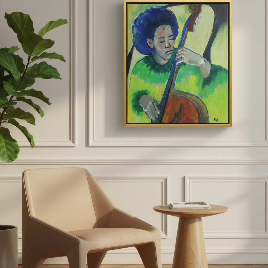 Black Bass Player Framed Canvas Wall Art | African American Decor