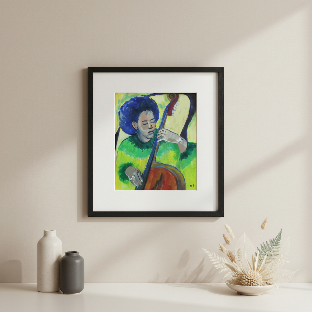 Framed artwork of a person playing a stringed instrument on a wall with decorative items below.