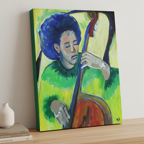 In Tune canvas print overhead tight crop with books and vase — Black bassist canvas wall art