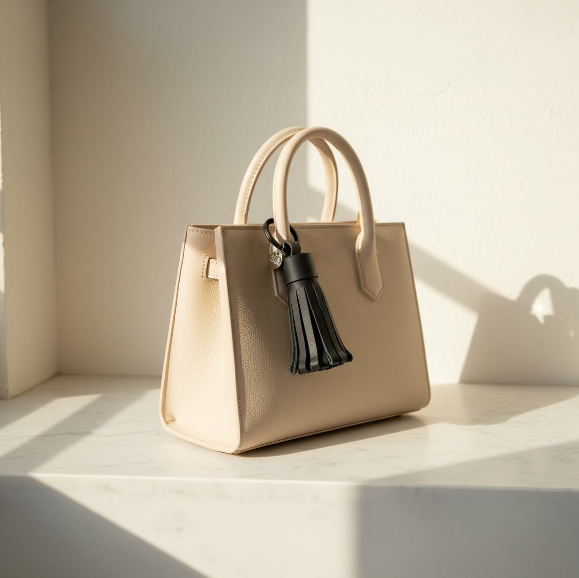 Ivory leather tote bag with black leather tassel keychain clipped to handle