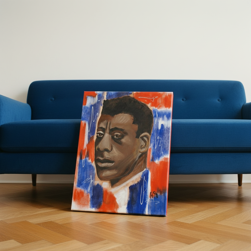 James Baldwin canvas print Dutch tilt against cobalt sofa with herringbone — Black icon art on canvas