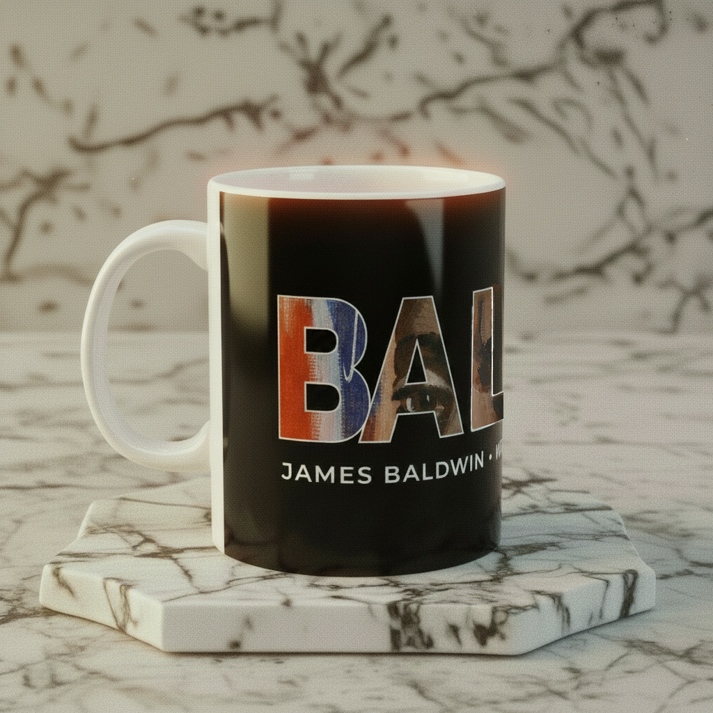 James Baldwin ceramic mug left side view on marble riser — Art Is Power Vol. I | Inkwell Fine Art Prints