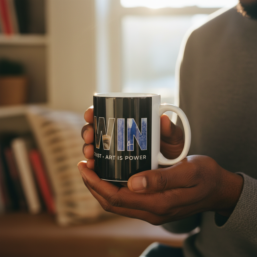 Man holding the James Baldwin ceramic mug — Art Is Power Vol. I by Inkwell Fine Art Prints