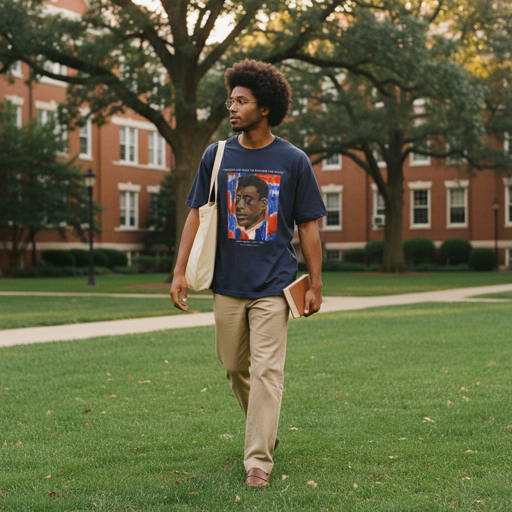 Young person wearing James Baldwin navy tee on HBCU campus quad — Art Is Power Vol. I | Inkwell Fine Art Prints