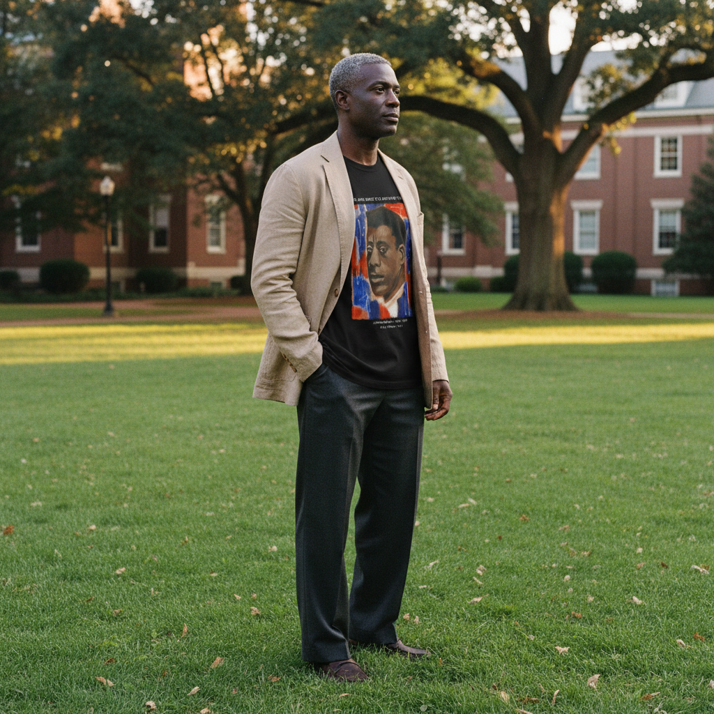 HBCU campus lifestyle square — person wearing James Baldwin tee — Art Is Power Vol. I | Inkwell Fine Art Prints