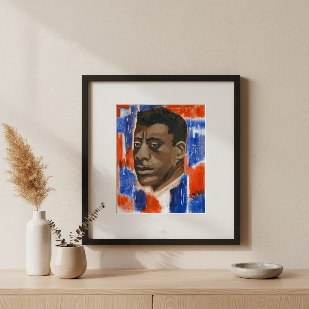 Framed portrait painting on a wall above a wooden shelf with decorative items.