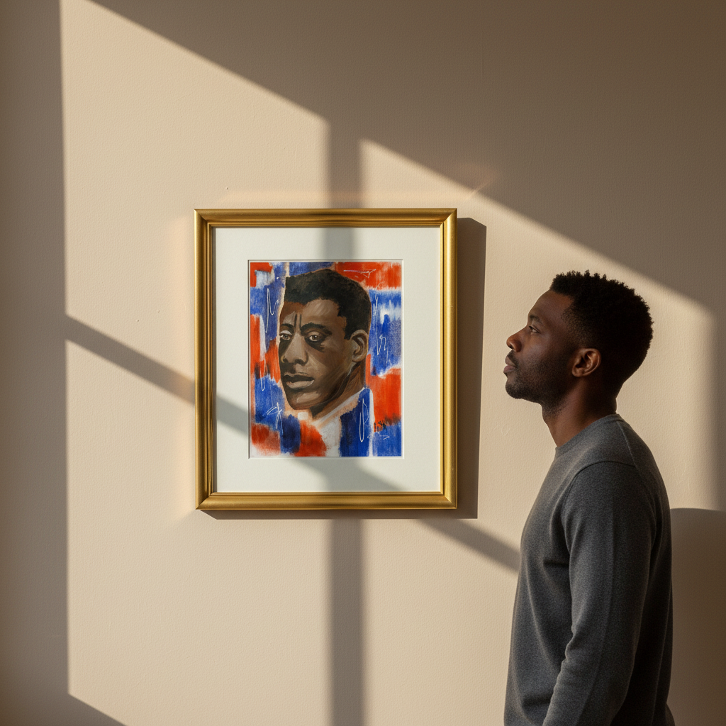 Man looking at a framed portrait  of James Baldwin on a wall